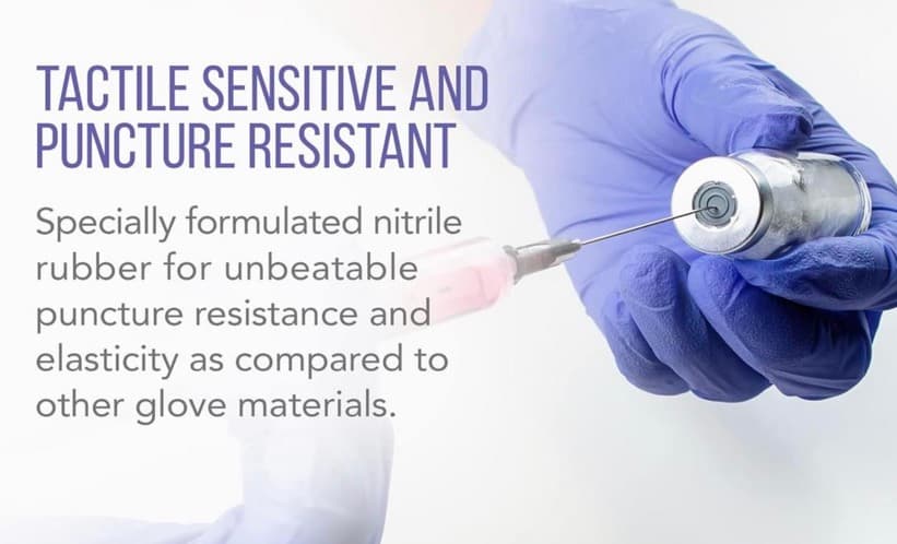 Tactile sensitive and puncture resistant nitrile gloves